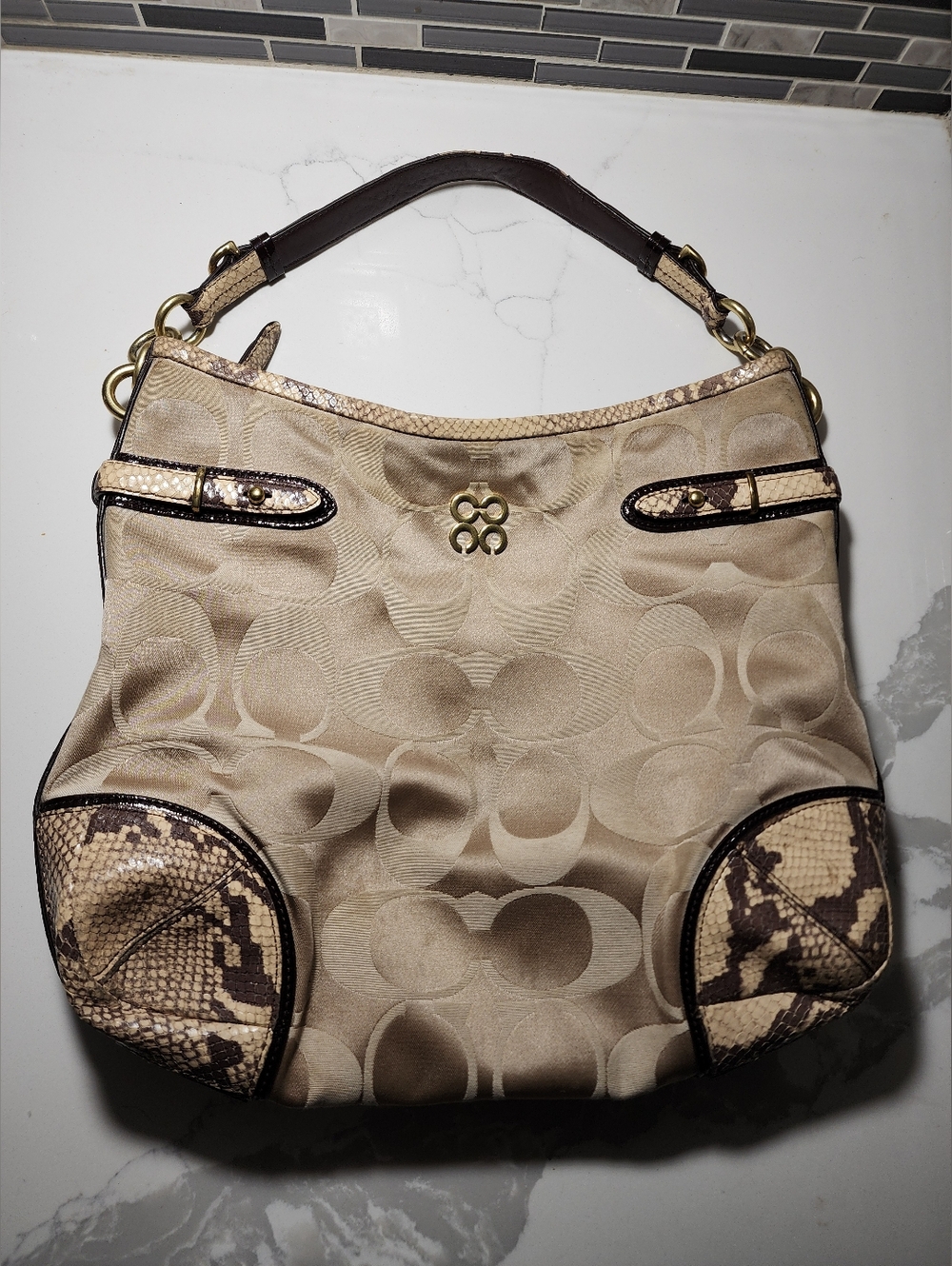 Coach Colette Signature Sateen and Python Shoulder Hobo Bag
